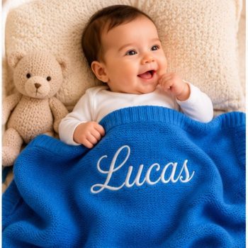 Personalised Embroidered 100% cotton knitted blanket dark blue