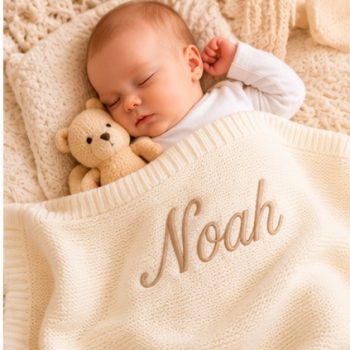 Personalised Embroidered 100% cotton knitted blanket Ivory