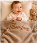 Personalised Embroidered 100% cotton knitted blanket latte