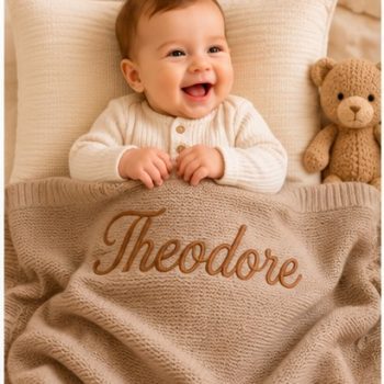 Personalised Embroidered 100% cotton knitted blanket latte