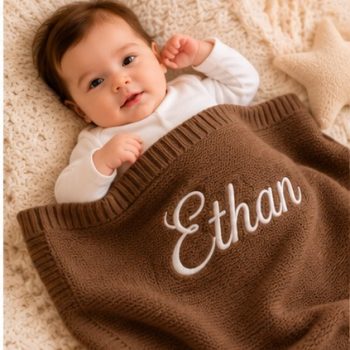 Personalised Embroidered 100% cotton knitted blanket brown