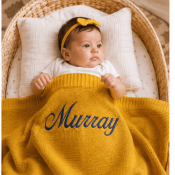 Personalised Embroidered 100% cotton Knitted blanket Mustard