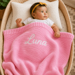 Personalised Embroidered 100% cotton knitted blanket pink