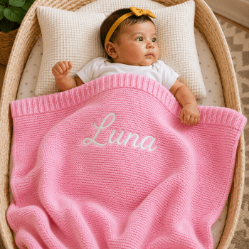 Personalised Embroidered 100% cotton knitted blanket pink