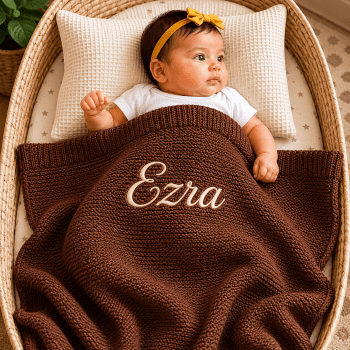 Personalised Embroidered 100% cotton knitted blanket brown