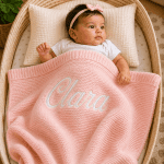 Personalised Embroidered 100% cotton knitted blanket Plush Pink
