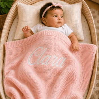 Personalised Embroidered 100% cotton knitted blanket Plush Pink