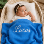 Personalised Embroidered 100% cotton knitted blanket dark blue