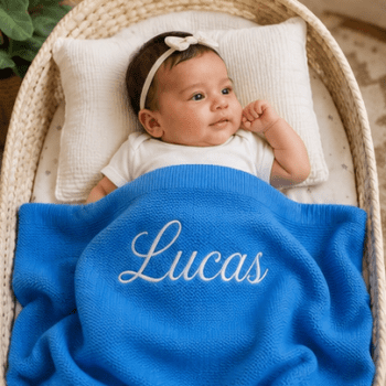 Personalised Embroidered 100% cotton knitted blanket dark blue