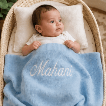 Personalised Embroidered 100% cotton knitted blanket light blue