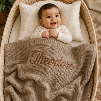 Personalised Embroidered 100% cotton knitted blanket latte