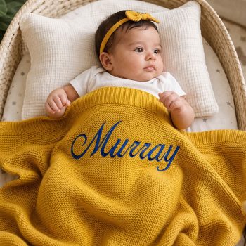 Personalised Embroidered 100% cotton Knitted blanket Mustard