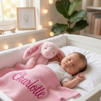 Personalised Embroidered 100% cotton knitted blanket light pink