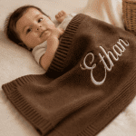 Personalised Embroidered 100% cotton knitted blanket brown