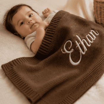 Personalised Embroidered 100% cotton knitted blanket brown